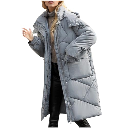 Damen Winterjacke Einfarbig Lange Steppjacke Warme Dicke Übergangsjacke Langarm Stehkragen Wintermantel Puffer Jacke mit Kapuze Reißverschluss Steppmantel Locker Mantel Winter Outwear für Frauen von TRIGLICOLEUM