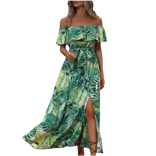 Die Discounter Boho Sommerkleid Damen Sexy Schulterfrei Strandkleid Hohe Taille Maxikleid Locker Bandeau Kleid Hawaii Partykleid mit Blumendruck Lange A-Linien Kleider Urlaub Freizeitkleid Große von TRIGLICOLEUM