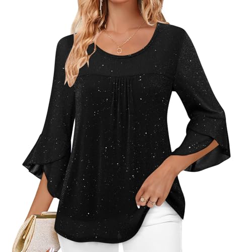 Festliche Oberteile Damen Elegant Silvester Outfit Lange Glitzer Bluse 3/4 Ärmel Tshirt Pailletten Pullover Mesh Oberteil Langarmshirt Pulli Tops Longbluse Shirt Tunika Blusen & Tuniken für Damen von TRIGLICOLEUM