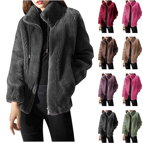 Fleecejacke Damen Elegant Stehkragen Winterjacke Dicke Warme Plüschjacke Reißverschluss Teddyjacke Winter Plüsch Mantel Teddyfleece Jacke Wintermantel Langarm Übergangsjacke Outwear Große Größen von TRIGLICOLEUM