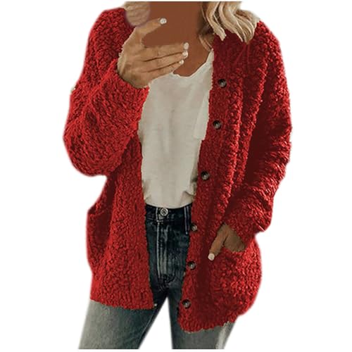 Fleecejacke Damen Leichte Teddyjacke Warm Plüschjacke Winterjacke Teddyfleece Jacke Winter Teddy Mantel Knöpfen Strickjacke Wintermantel Taschen Langarm Übergangsjacke Große Größen Kuscheljacke von TRIGLICOLEUM