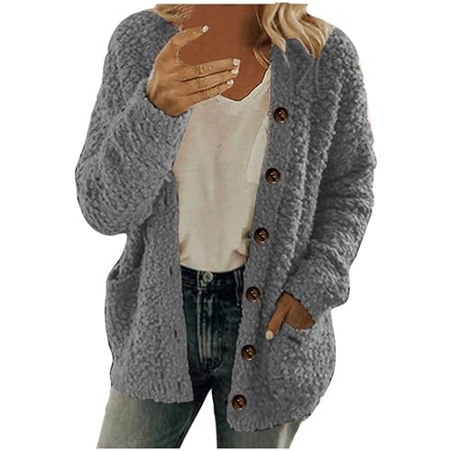 Fleecejacke Damen Leichte Teddyjacke Warm Plüschjacke Winterjacke Teddyfleece Jacke Winter Teddy Mantel Knöpfen Strickjacke Wintermantel Taschen Langarm Übergangsjacke Große Größen Kuscheljacke von TRIGLICOLEUM