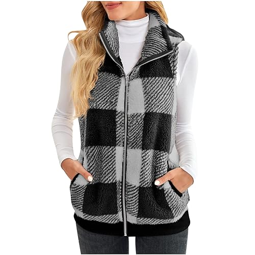 Fleeceweste Damen Karierte Teddy Weste Reißverschluss Winterweste Ärmellos Teddy Jacke Winter Fleece Strickjacke Warme Plüschweste Leichte Damenweste Teddyjacke Westen Thermoweste die discounter von TRIGLICOLEUM