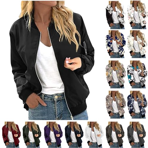Frühlingsjacke Damen Bomberjacke Blumenmuster Leichte Sommerjacke Sommer Reißverschluss Kurz Pilotenjacke Blouson Jacke Dünne Langarm Übergangsjacke College Jacket Mädchen Fliegerjacke Damenjacke von TRIGLICOLEUM