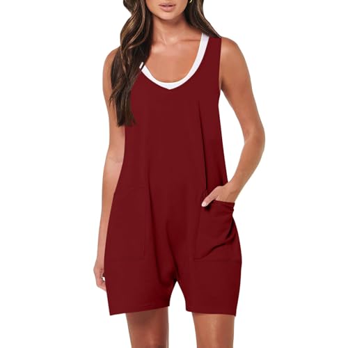 Geschenke für Frauen Jumpsuit Damen Elegant Kurz Trägerhose Einfarbig Playsuit Hose V-Ausschnitt Sommerhose Latzhose Sommer Shorts Overall mit Taschen Leichte Arbeitshose Onesie Freizeithose von TRIGLICOLEUM