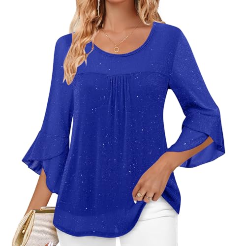Glitzer Oberteile Damen Elegant Silvester Outfit Lange Bluse 3/4 Ärmel Tshirt Festliche Pullover Mesh Oberteil Langarmshirt Pailletten Tops Leichte Longbluse Shirt Tunika Blusen & Tuniken für Damen von TRIGLICOLEUM