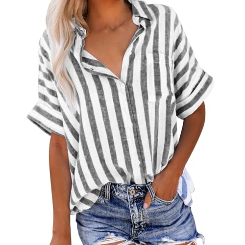 Hemdbluse Damen, Lässige Gestreifte Muster Bluse Button Down Longbluse Tshirt Sommer Kurzarm T Shirt Revers Leinenbluse Basic T-Shirt Frauen Leichte Leinenhemd Blusen & von TRIGLICOLEUM