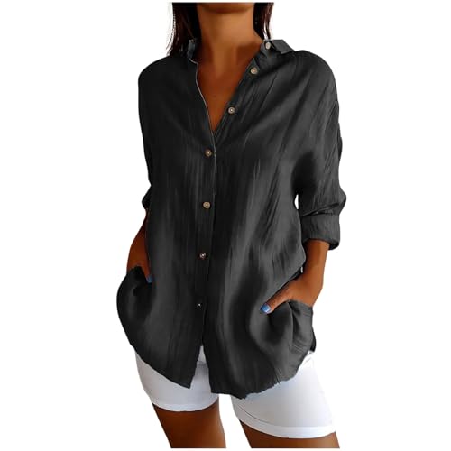 Hemdbluse Damen 3/4 Arm Musselin Bluse Boho Oversized Longbluse Lange Leinenbluse Lässige Einfarbig Oberteile Baumwolle Leinenhemd Button Down Shirt Locker Langarmshirt Blusen & Tuniken für Damen von TRIGLICOLEUM