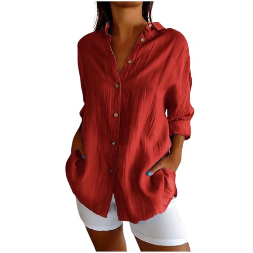 Hemdbluse Damen 3/4 Arm Musselin Bluse Boho Oversized Longbluse Lange Leinenbluse Lässige Einfarbig Oberteile Baumwolle Leinenhemd Button Down Shirt Locker Langarmshirt Blusen & Tuniken für Damen von TRIGLICOLEUM