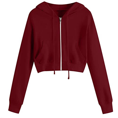 Hoodie Damen Sexy Crop Sweatjacke Zipper Kapuzenpullover Langarm Bauchfrei Kapuzenjacke Einfarbig Jacke mit Kapuze Leicht Sweatshirt Baumwolle Langarmshirt Übergangsjacke Kurz Y2k Sportshirt von TRIGLICOLEUM