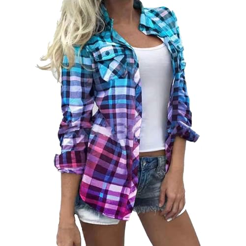 Karierte Strickjacke Damen Elegant Karohemd Große Größen Hemdjacke Leichte Herbstjacke Herbst Winter Hemdbluse Holzfäller Jacke Langarm Cardigan Bluse Baumwolle Freizeithemd Locker Hemd Longbluse von TRIGLICOLEUM