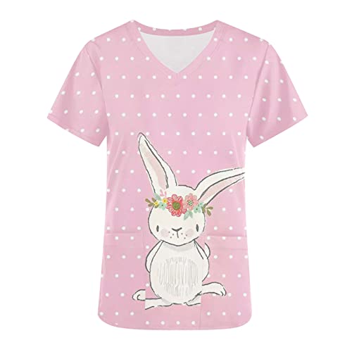 Kasacks Damen Pflege Schlupfkasack Ostern Osterhase Regenbogen Muster Schlupfhemd Osterei Kurzarm Tshirt V-Ausschnitt Bluse Pflegekleidung Bunte Eier Arbeitskleidung Pflegeuniform mit Taschen von TRIGLICOLEUM