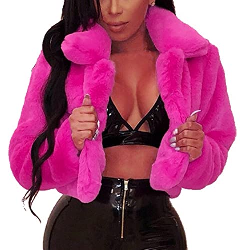 Kunstpelz Mantel Damen Sexy Crop Pelzmantel Einfarbige Winterjacke Warme Dicke Wintermantel Langarm Übergangsjacke mit Umlegekragen Kunstfell Plüsch Jacke Kurz Pelzjacke Locker Oberbekleidung von TRIGLICOLEUM