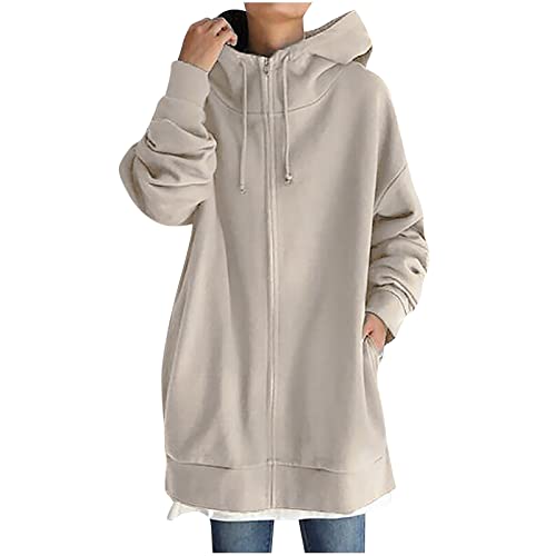 Lang Sweatjacke Damen Mode Einfarbig Jacke Zip Up Hoodie Große Größen Kapuzenjacke Langarm Sportjacke Gefüttert Fleecejacke Herbst Winter Sweatshirt mit Kapuze Locker Hoody Oberteile Taschen Mantel von TRIGLICOLEUM