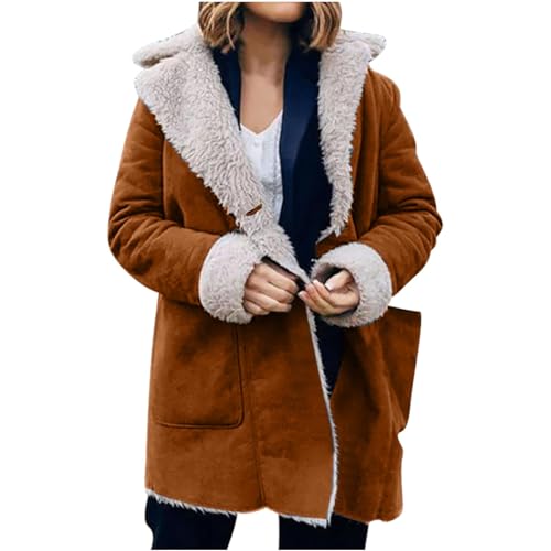 Lange Winterjacke Damen Vintage Wildleder Jacke Gefütterte Fleecejacke Einfarbig Einreihige Strickjacke Dicker Warmer Wintermantel Umlegekragen Cardigan Wildlederimitat Mantel Winter Langarm Outwear von TRIGLICOLEUM