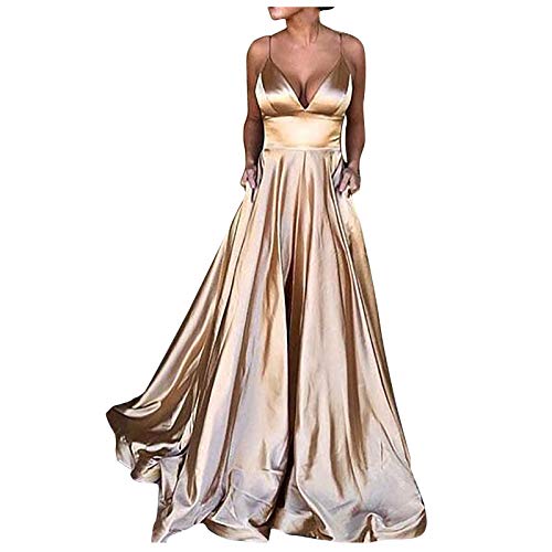 Langes Maxikleid Damen Elegantes Einfarbiges Swing Kleider Sexy Ballkleid Trägerkleid mit V-Ausschnitt Mode Fließendes Abendkleid Cocktailkleid mit Hoher Taille Schlitz Ärmelloses Karnevalskleid von TRIGLICOLEUM