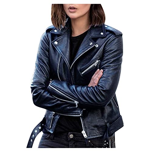 Lederjacke Damen Kurze Bikerjacke Kunstleder Jacke mit Reißverschluss Motoradjacke Reverskragen Übergangsjacke Langarm Damenjacke Mantel Kunstlederjacke Outdoorjacke Outwear für Herbst Winter von TRIGLICOLEUM