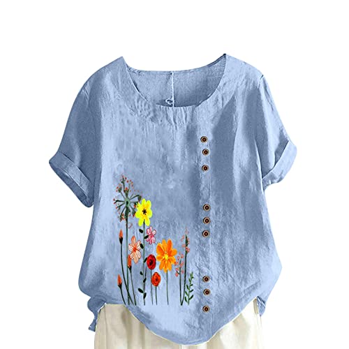 Leinenbluse Damen Musselin Bluse mit Knöpfe Kurzarm Tshirt Sommer Shirt Baumwolle Leinen Oberteile Große Größen Tunika Rundhals Pullover Tops T-Shirt Damenblusen Blusen & Tuniken für Damen Longbluse von TRIGLICOLEUM