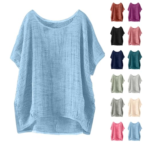 Leinenbluse Damen Vintage Oversize Shirt Sommer Musselin Bluse Basic Tshirt Casual Oberteile Rundhalsausschnitt Pullover Leichte Tunika Tops Große Größen T-Shirt Longbluse Blusen & Tuniken für Damen von TRIGLICOLEUM