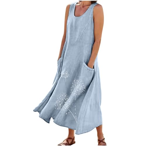 Leinenkleid Damen Sommer Strandkleid Lang Sommerkleid Ärmellos Tankkleid Vintage Baumwoll Leinen Kleider Rundhals Maxikleid A-Linie Kleid Große Größen Partykleid Einfarbig Strandkleider für Frauen von TRIGLICOLEUM