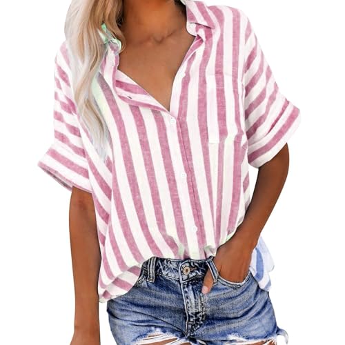 Longshirt Damen lässig für Leggings Hemdbluse Damen, Lässige Gestreifte Muster Bluse Button Down Longbluse Tshirt Sommer Kurzarm T Shirt Revers Leinenbluse Basic T-Shirt Frauen Leichte von TRIGLICOLEUM