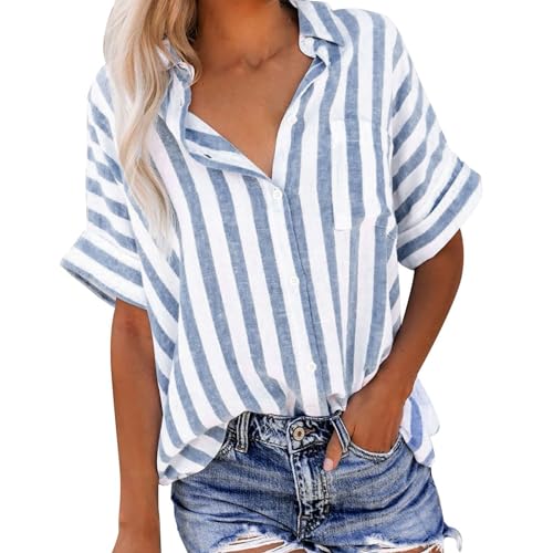 Longshirt Damen lässig für Leggings Hemdbluse Damen, Lässige Gestreifte Muster Bluse Button Down Longbluse Tshirt Sommer Kurzarm T Shirt Revers Leinenbluse Basic T-Shirt Frauen Leichte von TRIGLICOLEUM