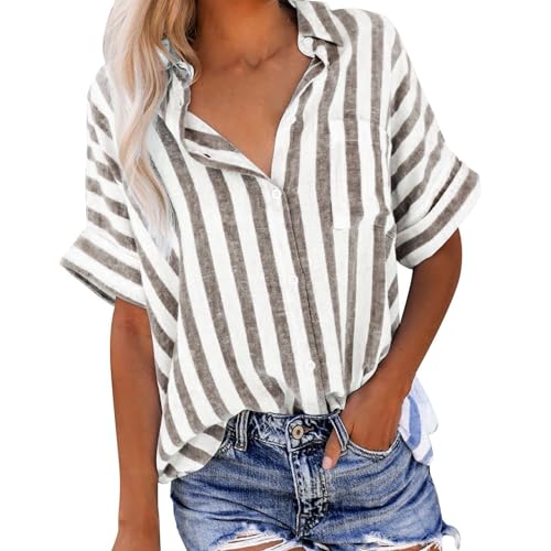 Longshirt Damen lässig für Leggings Hemdbluse Damen, Lässige Gestreifte Muster Bluse Button Down Longbluse Tshirt Sommer Kurzarm T Shirt Revers Leinenbluse Basic T-Shirt Frauen Leichte von TRIGLICOLEUM