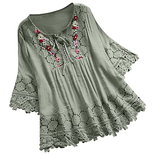 Musselin Bluse Damen, Elegant V-Ausschnitt Leinenbluse Spitzen Oberteile Baumwolle Leinen Tshirt Sommer Tops Teenager Mädchen Einfarbig Kurzarm T-Shirt Leichte Shirt Pullover Tunika Große Größen von TRIGLICOLEUM