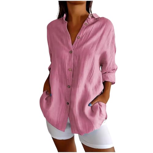 Musselin Bluse Damen 3/4 Arm Hemdbluse Oversized Longbluse Lange Lässig Einfarbig Oberteile Baumwolle Button Down Shirt Boho Blusenshirt Locker Langarmshirt Blusen & Tuniken für Damen von TRIGLICOLEUM