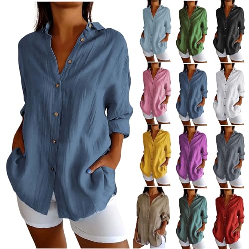 Musselin Bluse Damen Boho 3/4 Arm Hemdbluse Oversized Longbluse Lange Leinenbluse Lässige Einfarbig Oberteile Baumwolle Button Down Shirt Locker Langarmshirt Blusen & Tuniken für Damen von TRIGLICOLEUM