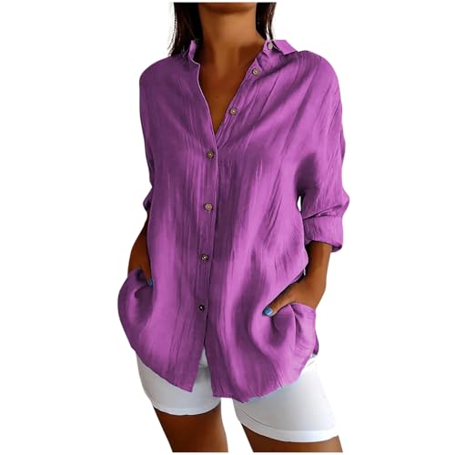 Musselin Kleid Damen 3/4 Arm Hemdbluse Boho Bluse Oversized Longbluse Lange Leinenbluse Einfarbig Oberteile Baumwolle Hemden Button Down Shirt Locker Langarmshirt Blusen & Tuniken für Damen von TRIGLICOLEUM