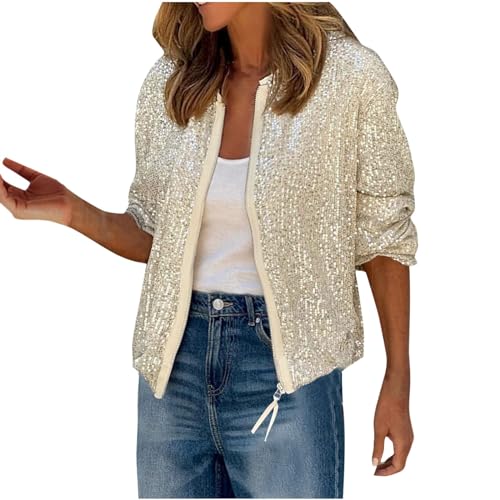 Pailletten Blazer Damen Kurze Einfarbige Jacke mit Glitzer Leichte Herbstjacke Langärmeliger Anzug Herbst Winter Party Anzugjacke Offene Front Übergangsjacke Cardigan Jacket Kurzjacke Club Mantel von TRIGLICOLEUM