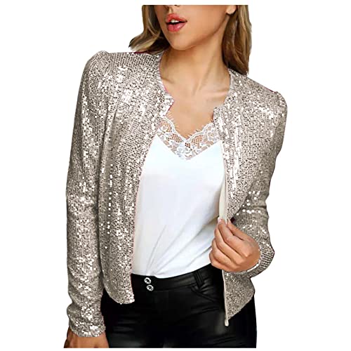 Pailletten Blazer Damen Kurze Einfarbige Jacke mit Glitzer Leichte Herbstjacke Langärmeliger Anzug Herbst Winter Party Anzugjacke Offene Front Übergangsjacke Cardigan Jacket Kurzjacke Club Mantel von TRIGLICOLEUM