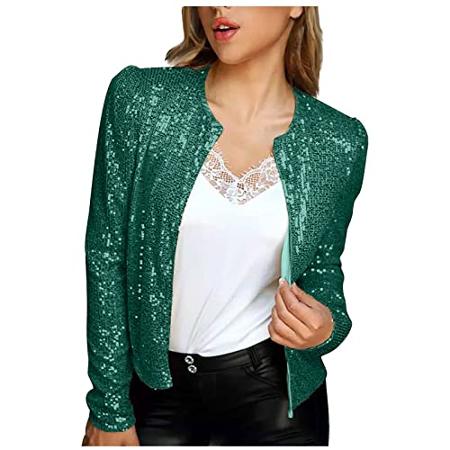 Pailletten Blazer Damen Kurze Einfarbige Jacke mit Glitzer Leichte Herbstjacke Langärmeliger Anzug Herbst Winter Party Anzugjacke Offene Front Übergangsjacke Cardigan Jacket Kurzjacke Club Mantel von TRIGLICOLEUM