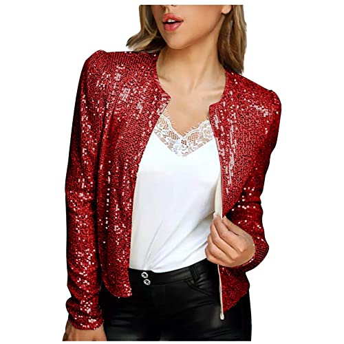 Pailletten Blazer Damen Mode Kurze Einfarbige Jacke mit Glitzer Leichte Herbstjacke Langärmeliger Anzug Herbst Winter Party Anzugjacke Offene Front Übergangsjacke Cardigan Jacket Kurzjacke Club Mantel von TRIGLICOLEUM