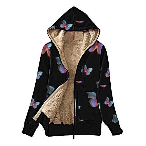 Plüsch Sweatjacke Damen Fleecejacke mit Kapuze Mode Schmetterlings Druck Kapuzenjacke Zip Up Hoodie Langarm Übergangsjacke Gefütterter Fleece Jacke Mantel Winter Warme Sweatshirtjacke Outwear von TRIGLICOLEUM