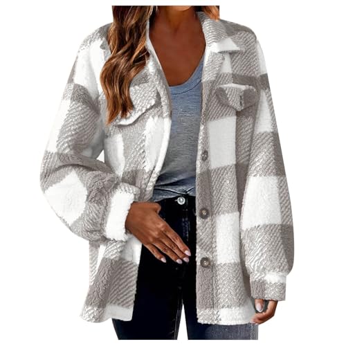 Plüschjacke Damen Karierte Hemdjacke Knöpfen Wintermantel Große Größen Fleecejacke Warme Teddyjacke Kuscheljacke Shacket Teddyfleece Jacke Winter Karohemd Winterjacke Langarm Übergangsjacke Mantel von TRIGLICOLEUM