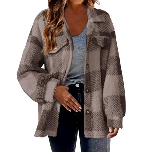 Plüschjacke Damen Karierte Hemdjacke Knöpfen Wintermantel Große Größen Fleecejacke Warme Teddyjacke Kuscheljacke Shacket Teddyfleece Jacke Winter Karohemd WinterjackeMantel die discounter von TRIGLICOLEUM