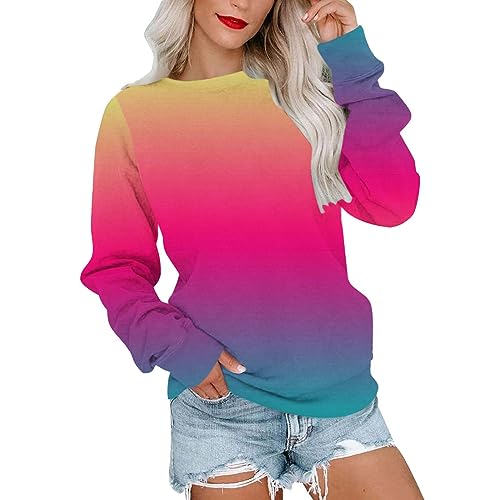 Regenbogen Langarmshirt Damen Bunte Farbverlauf Sweatshirt Rundhals Langarm Pullover Herbst Winter Leichte Shirt Teenager Mädchen Pulli Tops Oversized Longshirt Tunika Bluse Locker Oberteile Longbluse von TRIGLICOLEUM