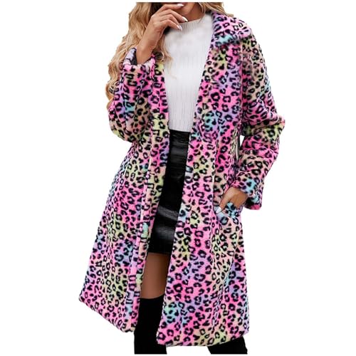 Rosa Leopard Pelzmantel Damen Kunstfell Winterjacke Lange Kunstpelze Jacke Dicke Warme Mantel Langarm Umlegekragen Felljacke Wintermantel Große Größen Fellmantel Winter Pelzjacke Übergangsjacke 3XL von TRIGLICOLEUM