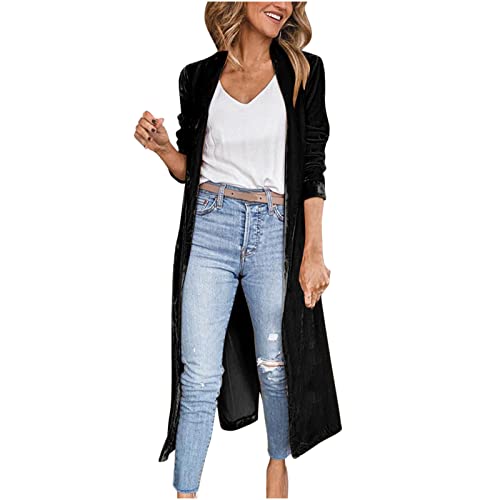 Samt Cardigan Damen Elegant Einfarbige Trenchcoat Lang Samtjacke Langarm Revers Jacke Herbst Winter Windbreaker Strickjacke Übergangsjacke Leichte Windjacke Warme Mantel mit Taschen Outwear für Frauen von TRIGLICOLEUM