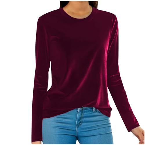 Silvester Outfit Damen Festliche Samt Langarmshirt Winter Sweatshirt Rundhals Pullover Velvet Samtshirt Elegant Oberteile Bluse Tunika Langarm Pulli Tops Slim Fit Shirt für Party Club Große Größen von TRIGLICOLEUM