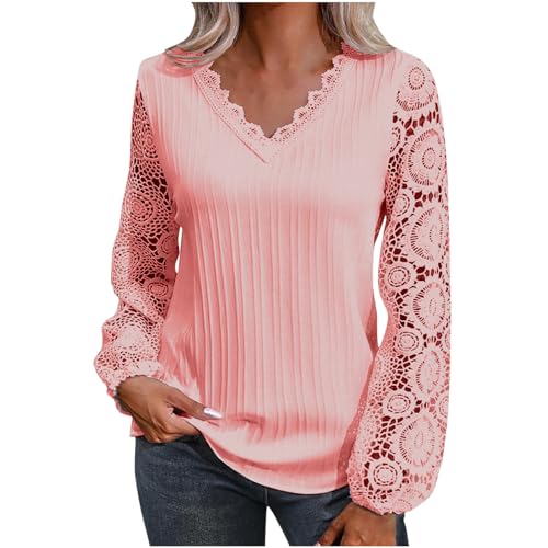 Spitze Bluse Damen Elegant Einfarbig Langarmshirt Spitzennähte V-Ausschnitt Pullover Transparent Aushöhlen Oberteile Spitzen Blumen Langarm Tshirt Tunika Tops Basic Shirt Blusentops S-XXL von TRIGLICOLEUM