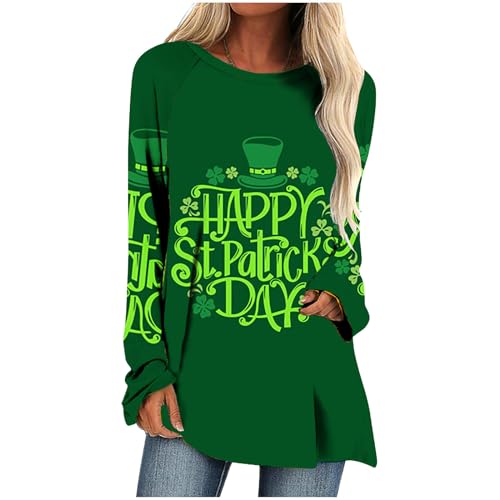 St. Patrick's Day Bluse Damen Lang Longshirt Irisches Kleeblatt Druck Pullover Lustig Leichte Tunika Shirt Oversize Oberteile Rundhals Pulli Tops Gnom Wichtel Motiv Langarmshirt Sommer Blusenshirt von TRIGLICOLEUM