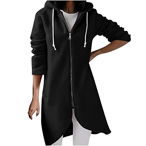 Sweatjacke Damen Modische Unregelmäßigem Saum Sportjacke Einfarbige Jacke mit Kapuze Lange Kapuzenjacke Zip Up Hoodie Jacket Langarm Übergangsjacke Herbst Winter Warmer Mantel Taschen Herbstjacke von TRIGLICOLEUM