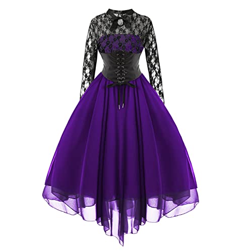 TRIGLICOLEUM Abendkleid Damen Gothic Partykleid mit Korsett Spitze Spleißen Ballkleid Elegant Einfarbig Neckholder Tunikakleid Chiffon Kleider Halloween Kostüm Vintage Steampunk Swing Cocktailkleid von TRIGLICOLEUM