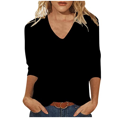 TRIGLICOLEUM Ausgefallene Tshirts Damen Top Damen Slim Fit Einfarbig Oberteile 3/4 Arm Bluse 2024 Tshirt Sommer Tops Basic Shirt Tunika V-Ausschnitt Pullover Bequeme Longtops T-Shirt Beachwear von TRIGLICOLEUM