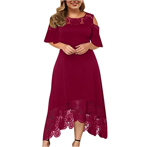 TRIGLICOLEUM Große Größen Abendkleid Damen Elegante Einfarbige Partykleid mit Spitze Nähten Rundhals Schulterfrei Cocktailkleid Rüschen Saum Ballkleid Kleid in A-Linie Maxikleid 5XL von TRIGLICOLEUM