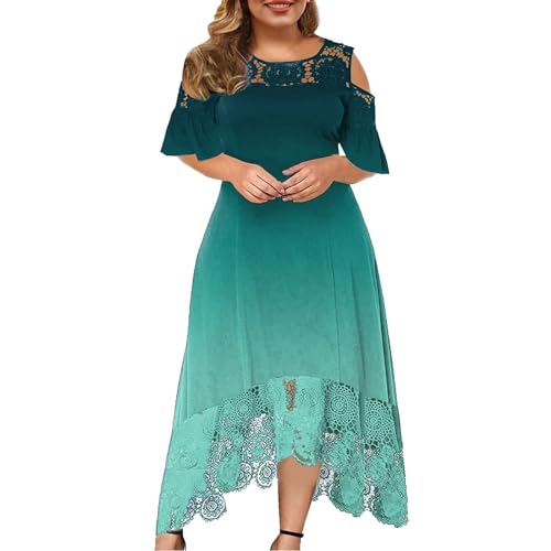 TRIGLICOLEUM Große Größen Abendkleid Damen Elegante Einfarbige Partykleid mit Spitze Nähten Rundhals Schulterfrei Cocktailkleid Rüschen Saum Ballkleid Kleid in A-Linie Maxikleid 5XL von TRIGLICOLEUM