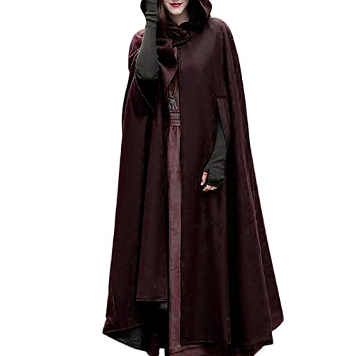 Kostüm Damen Wollen Umhang mit Kapuze Vintage Einfarbig Poncho Robe Halloween Kostüm Leichte Trenchcoat Winddichte Jacke Cape Mantel Strickjacke Herbst Winter Mittelalterliche Kleidung von TRIGLICOLEUM
